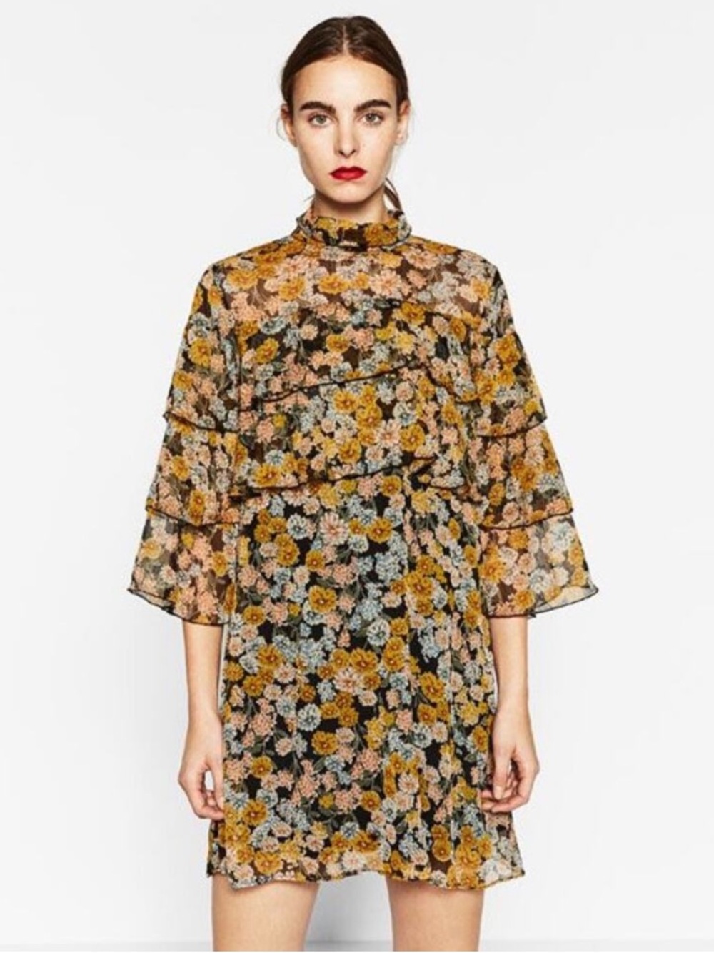 Zara Basics Floral High Neck Ruffle Baby Doll Mini